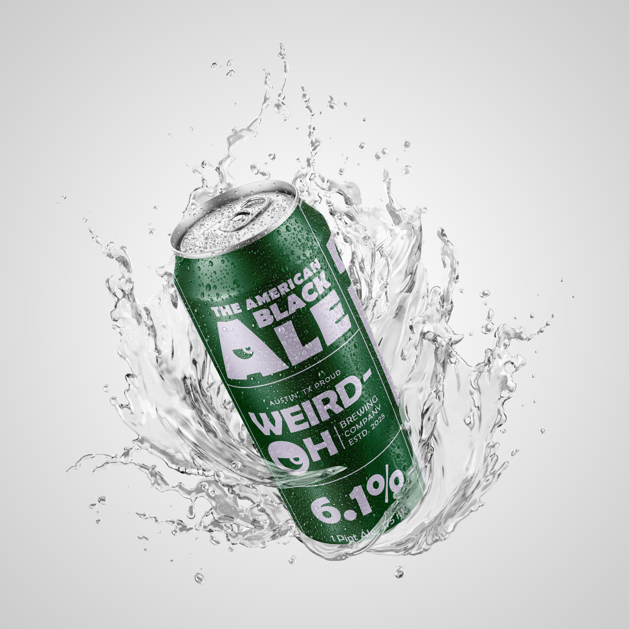 A green can of beer called 'The American Black ALE' with water splashing around it.