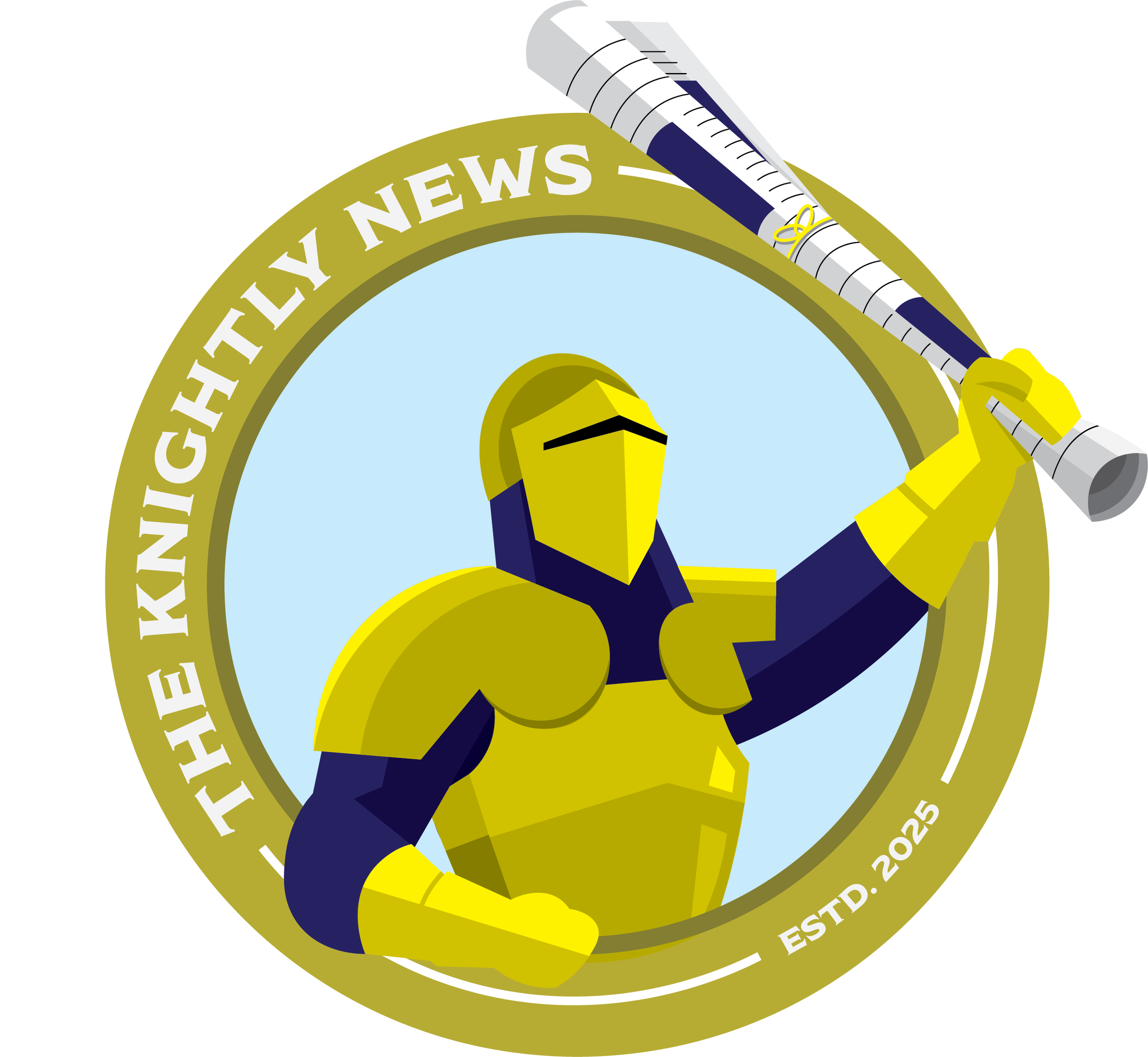 Logo featuring a gold and blue medieval knight holding an open newspaper, symbolizing a school or community news publication and its journalism brand.