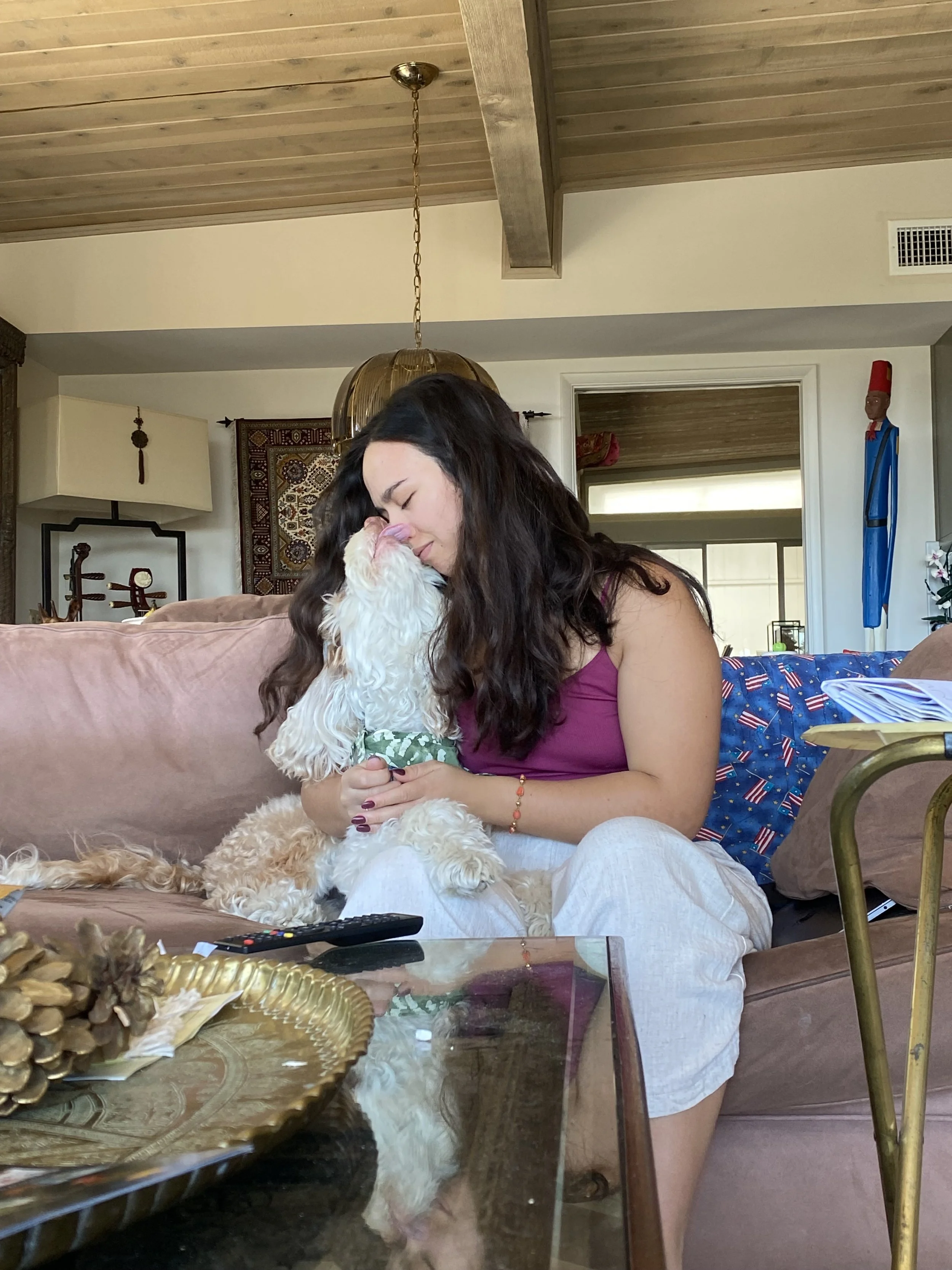 A woman with dark hair wearing a purple sleeveless top and white pants is sitting on a couch, hugging and kissing a small white and tan dog. The dog is sitting on her lap, leaning into her face. The background shows a living room with a wooden ceiling, a hanging gold chandelier, and various decorations.