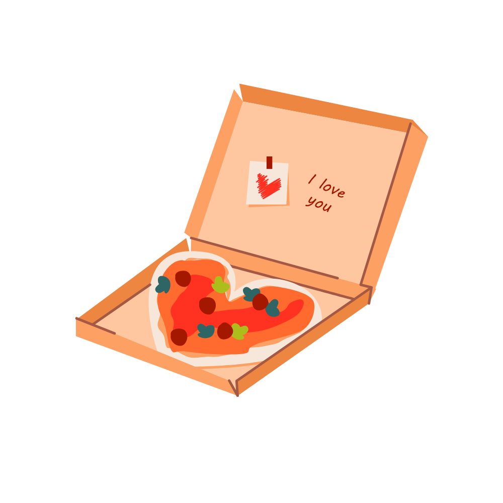 A heart-shaped pizza with toppings, in a box with a note inside the lid that says 'I love you' and a small paper with a red heart.