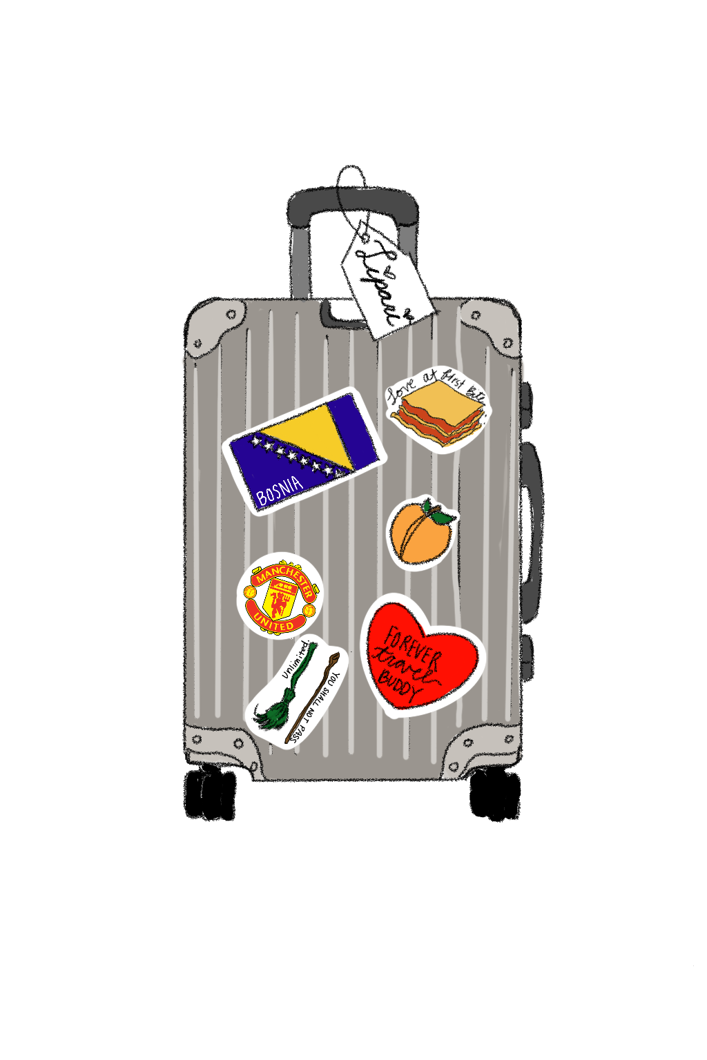 Gray suitcase decorated with various stickers including a Bosnia flag, a Manchester United logo, a sticker saying "Love at First Sight," a sticker with peeled oranges, a sticker with a green chili pepper and the text "You Shall Not Pass," a red heart sticker with the text "FOREVER Jams BDAY," and a sticker with a stack of pancakes.