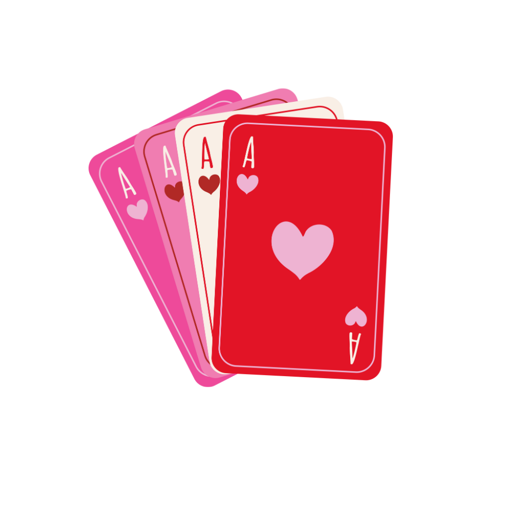 A fan of five playing cards, with four aces featuring pink and red hearts, fanned out against a plain background.