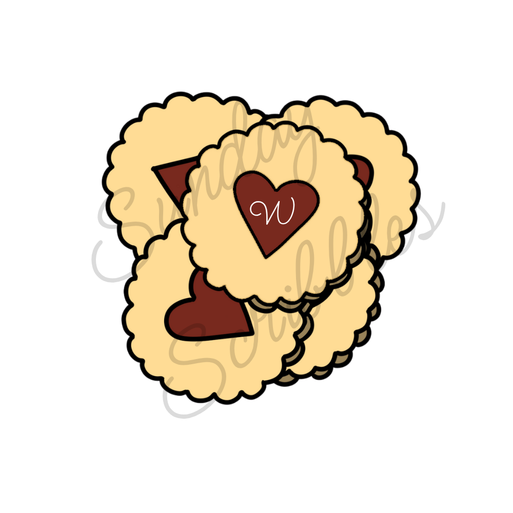 A cluster of heart-shaped cookies decorated with chocolate, some with the letter 'W' on a chocolate heart in the center.