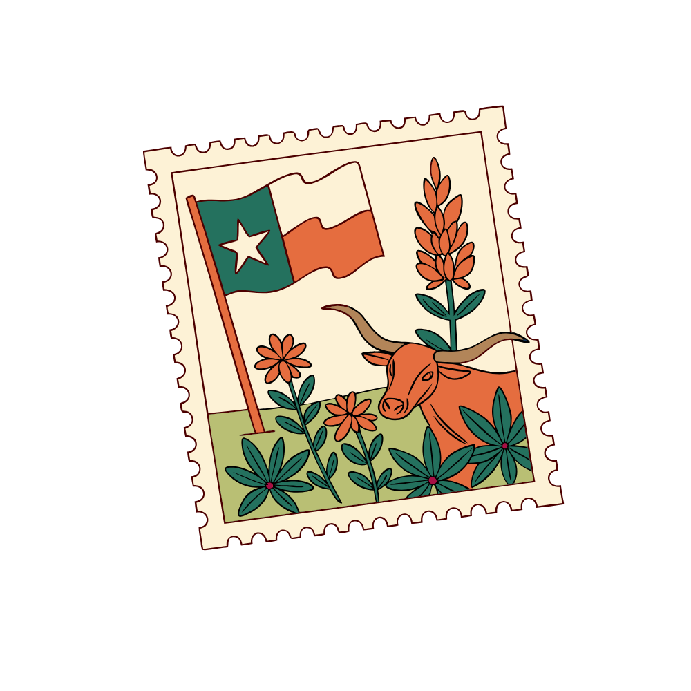 Illustration of a Texas-themed postage stamp featuring the Texas flag, a longhorn steer, and orange flowers among green foliage.