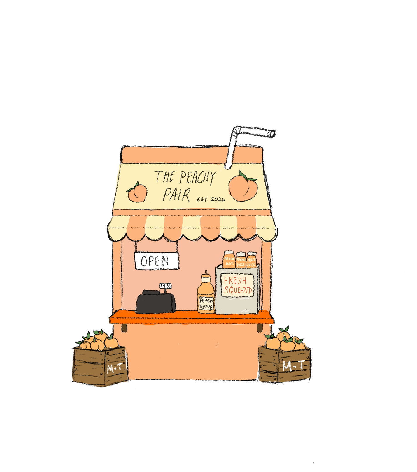 A small peach stand named "The Peachy Pair" with a striped yellow and peach awning, decorated with peach illustrations. The stand displays peach juice bottles, a cash register, and a sign indicating "Fresh Squeezed." Two crates of peaches flank the stand, each marked with "M.T."