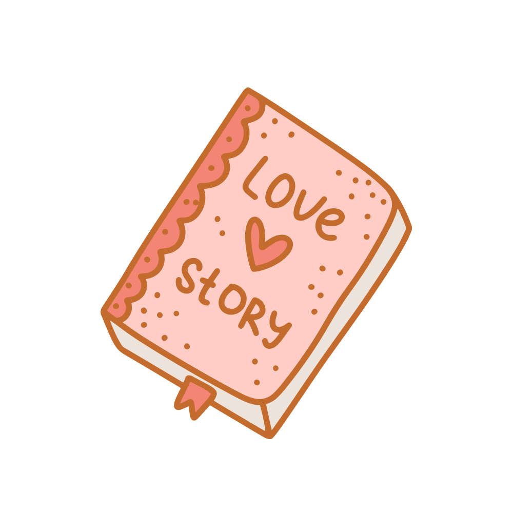 Illustration of a pink hardcover book with the words 'Love Story' and a heart on the cover