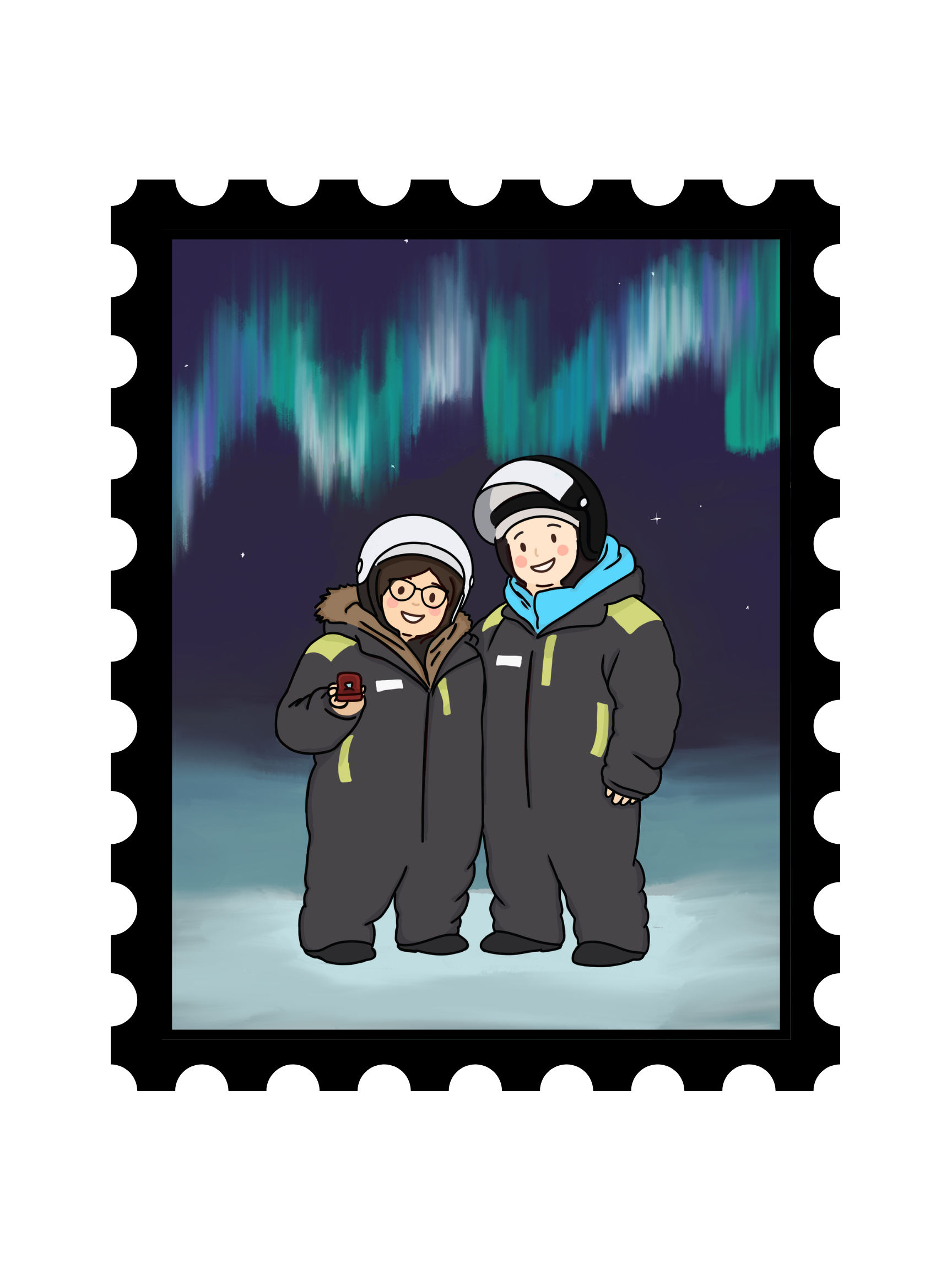 Two people in winter clothing and helmets smiling and standing on snow with the northern lights in the night sky above.
