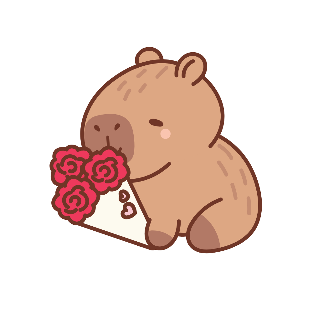 Cute cartoon bear holding a bouquet of pink flowers.