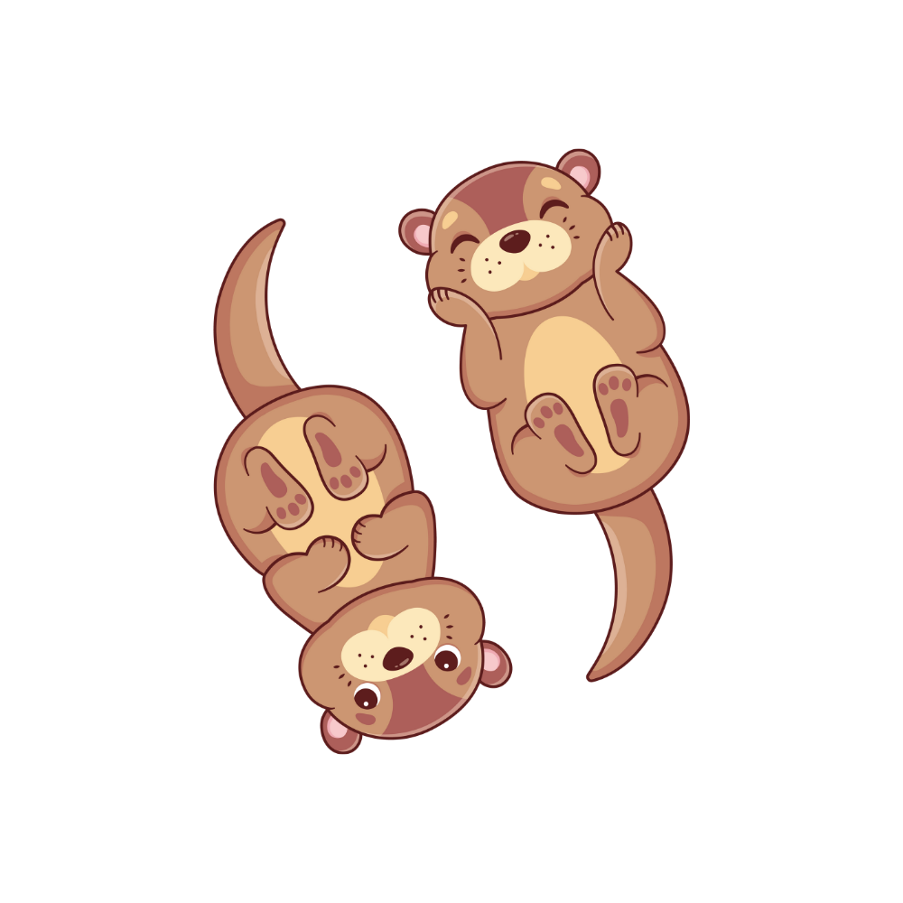 Cartoon illustration of two cute, smiling otters lying on their backs, facing each other.