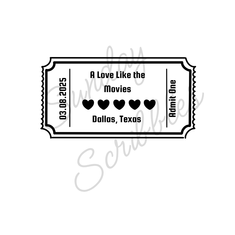 Line drawing of a gift card with a decorative border and five hearts in the center.
