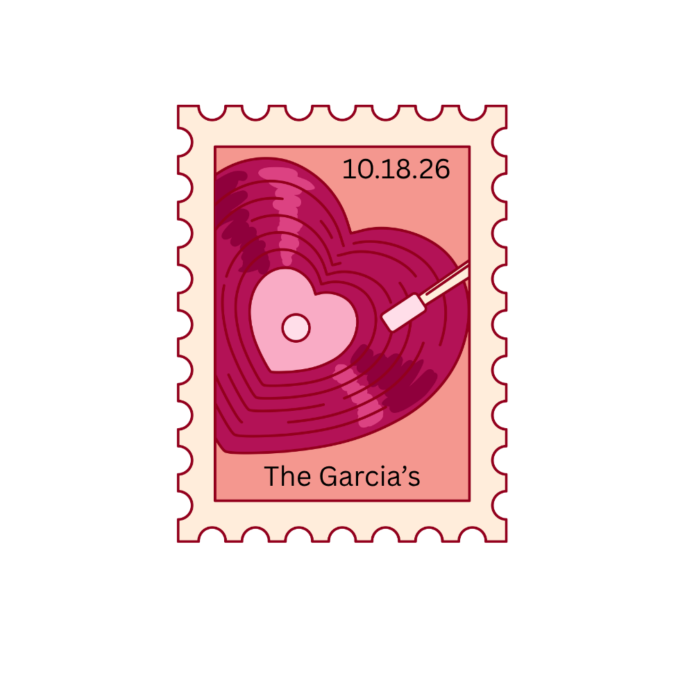 A stylized postage stamp featuring a heart-shaped onion with layers in shades of pink and purple, a paintbrush applying color to it, with the date '10.18.26' and the text 'The Garcia's'.