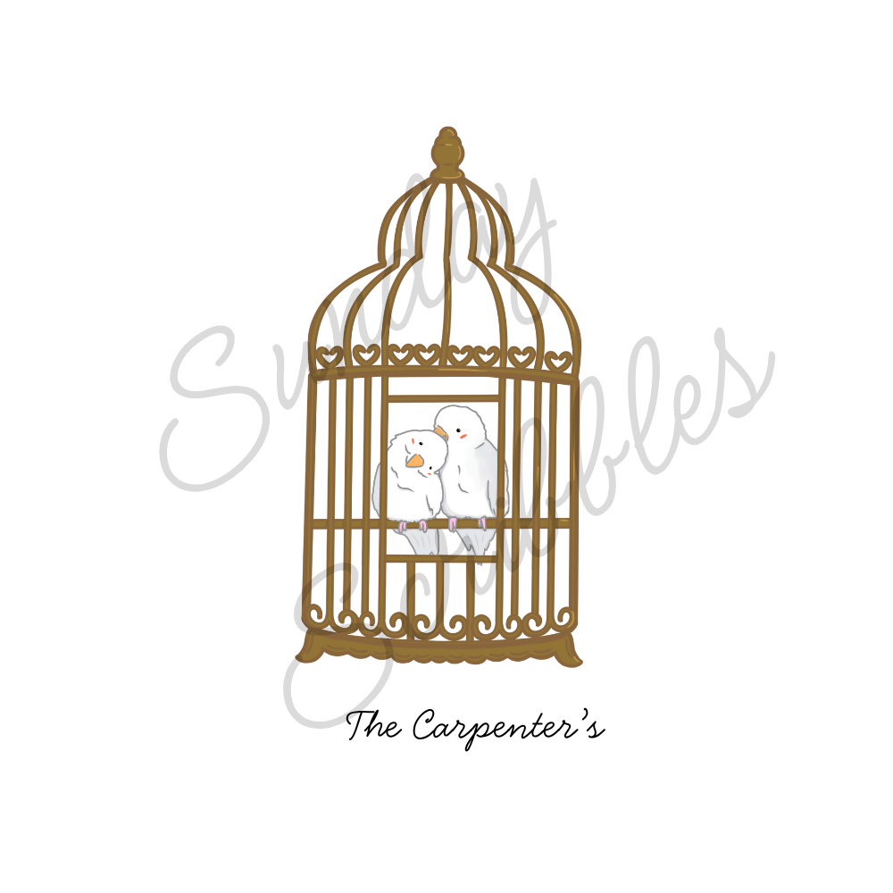 Two white birds inside a decorative, gold-colored birdcage with a domed top.