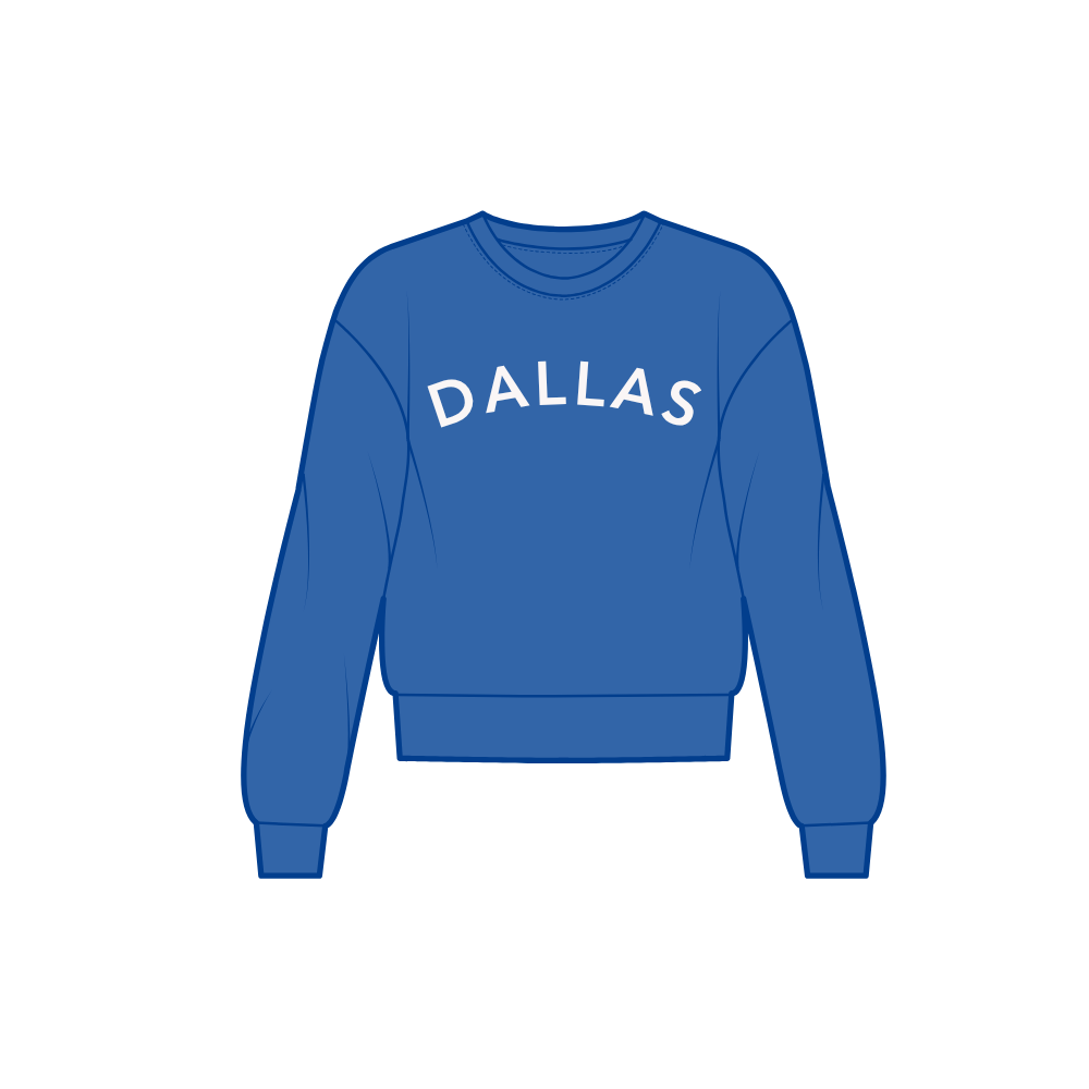 Blue sweatshirt with the word 'DALLAS' printed in white across the front.