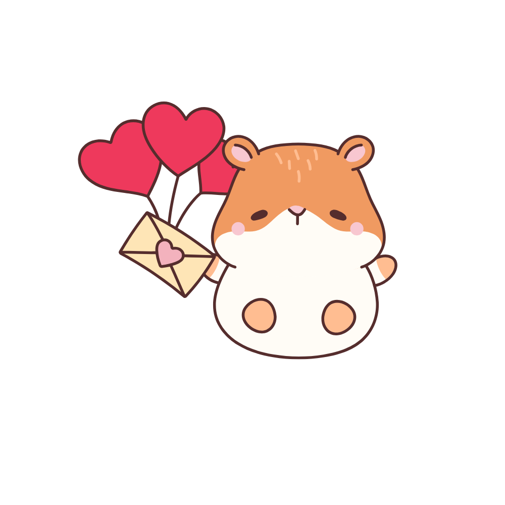 Cute hamster holding three pink heart-shaped balloons and a love letter with a heart seal.