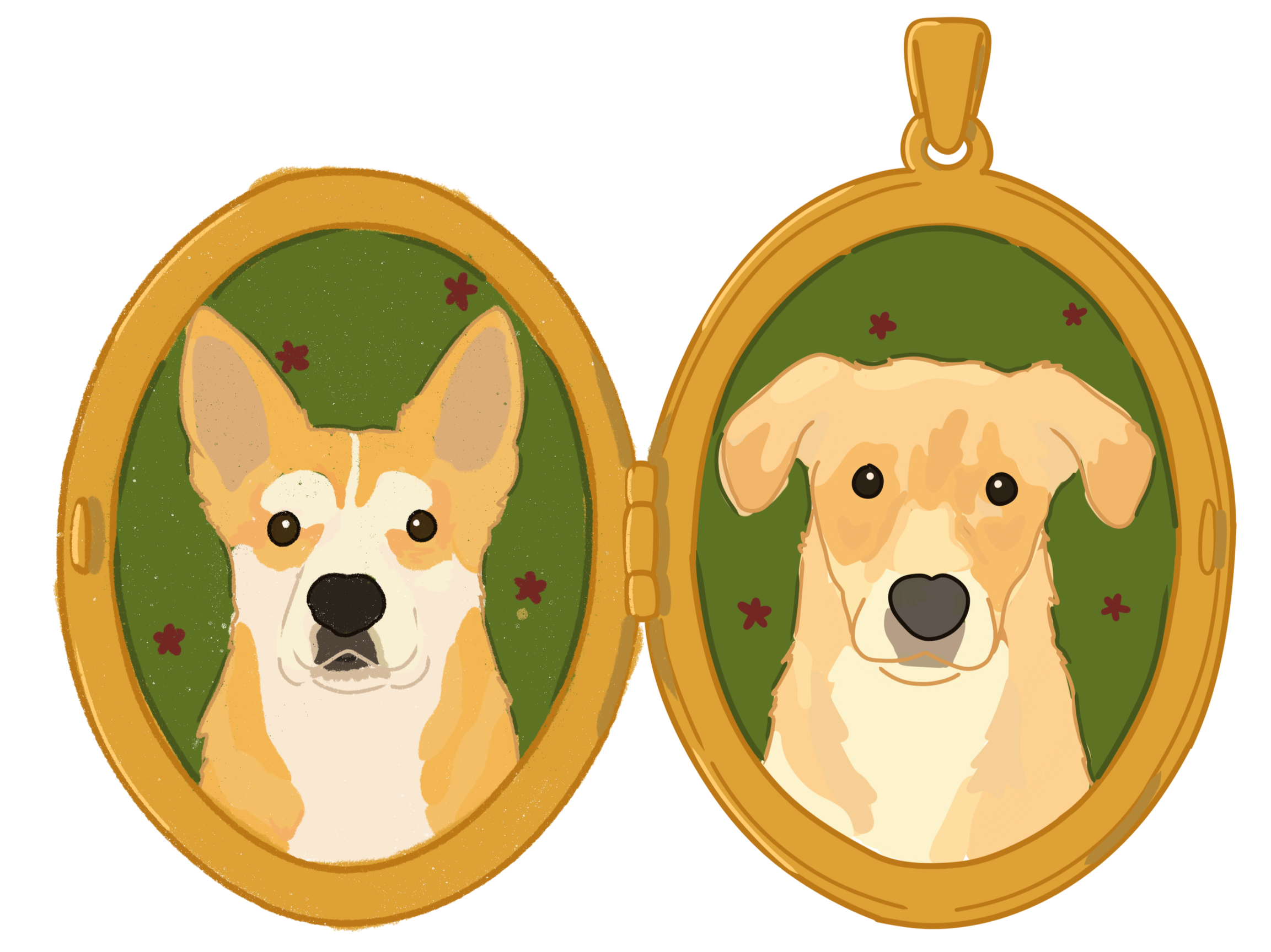 Illustration of two oval-shaped lockets each containing a watercolor-style drawing of a husky dog against a green background with small red flowers, one locket featuring the dog's face and the other showing the full body.