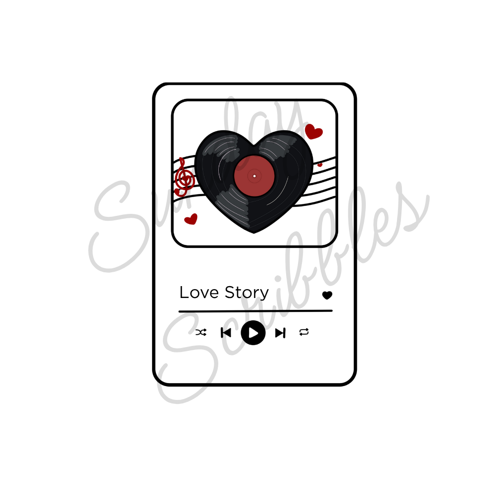 A vintage record player with a black vinyl record on the turntable, decorated with red heart-shaped elements and musical notes, against a black background.