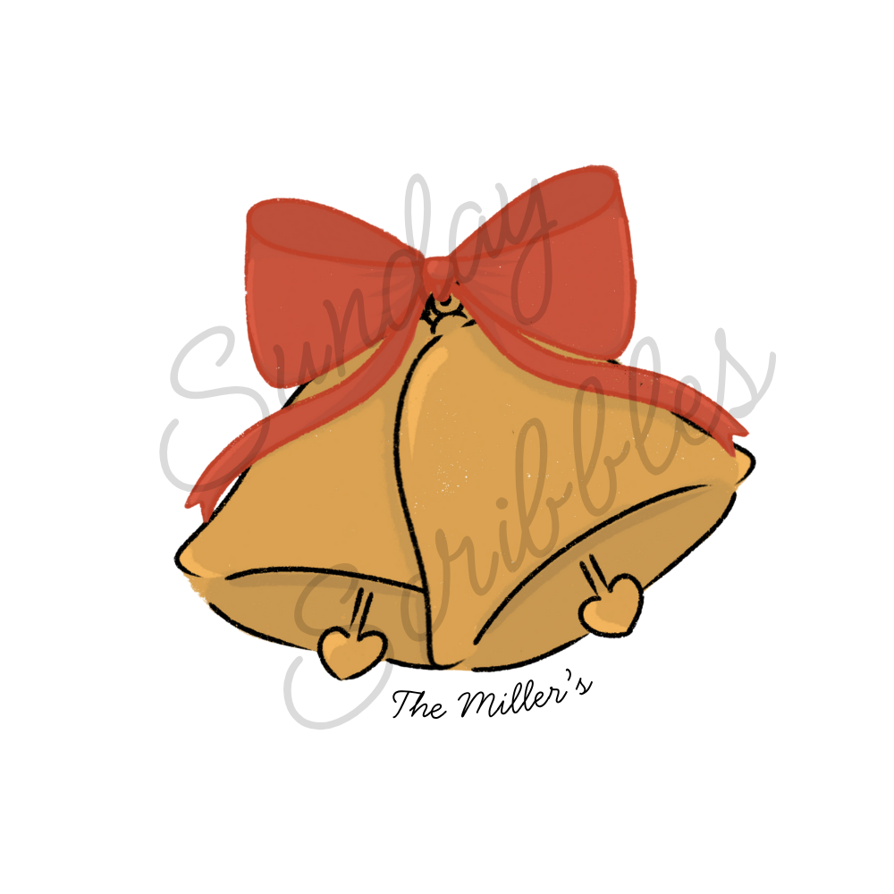 A digital drawing of a bell decorated with a big red bow and two small heart-shaped clappers at the bottom.