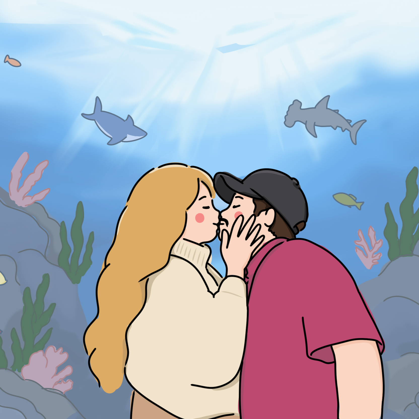A cartoon illustration of a couple kissing underwater with sunlight streaming down and fish swimming around them.