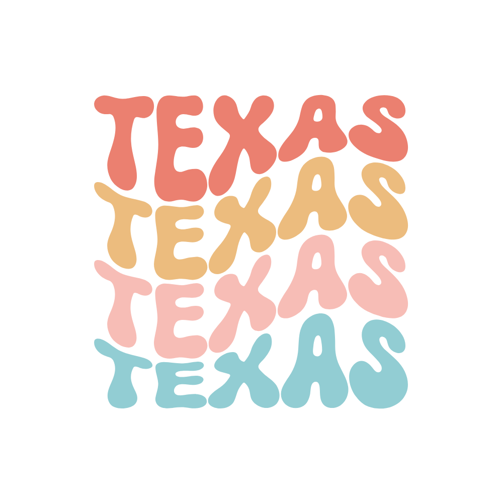Colorful handwritten text repeating the word 'TEXAS' in pink, beige, and blue on a black background.