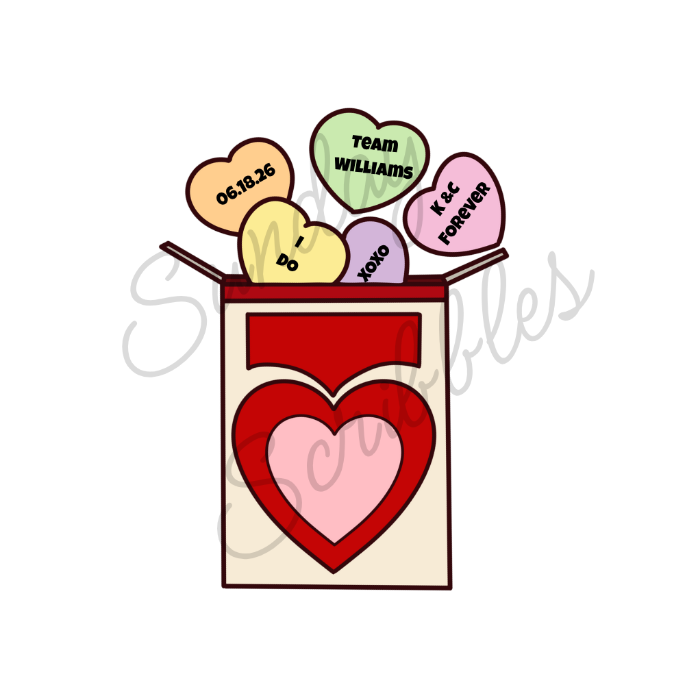 Open candy box with four heart-shaped candies inside, each with different messages, including a heart with a large pink heart design, and candies with text like "K & C FOREVER," "TEAM WILLIAMS," "XOXO," and "06:18:26."