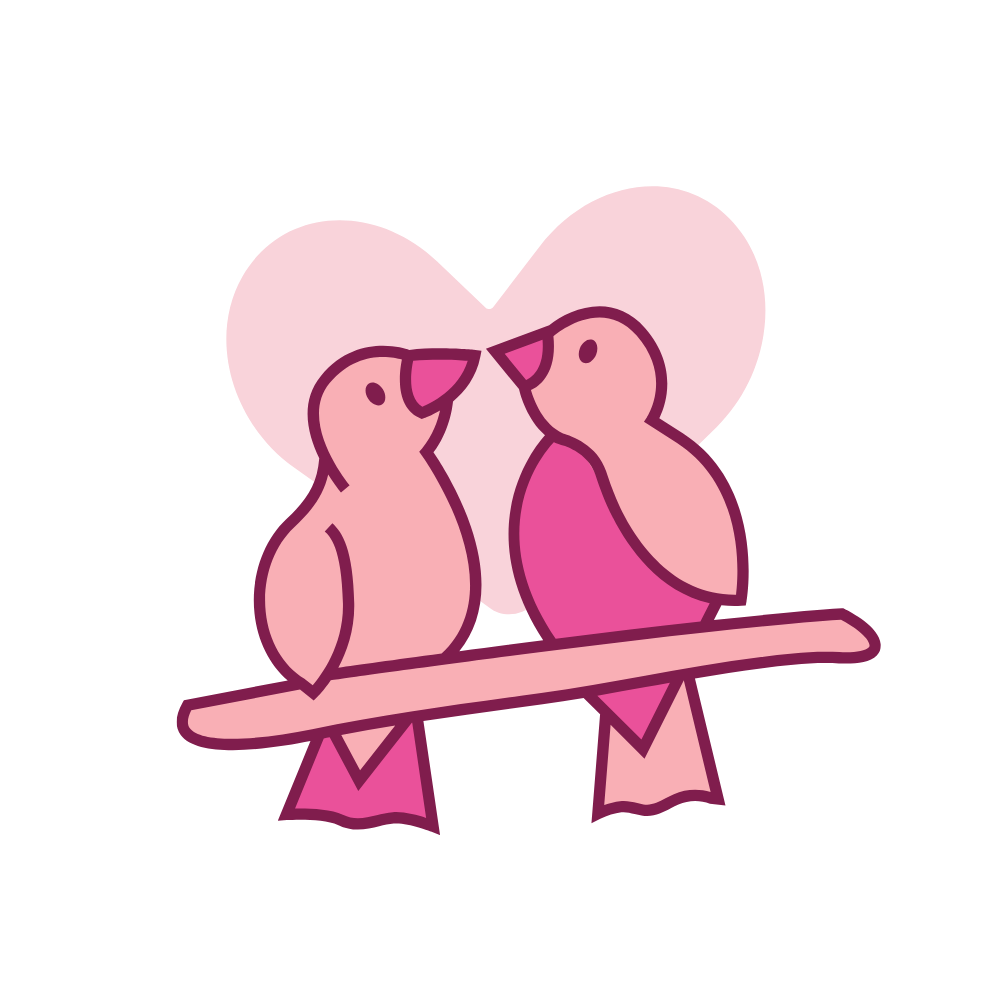 Two cartoon pink birds with a pink heart in the background sitting on a branch facing each other.