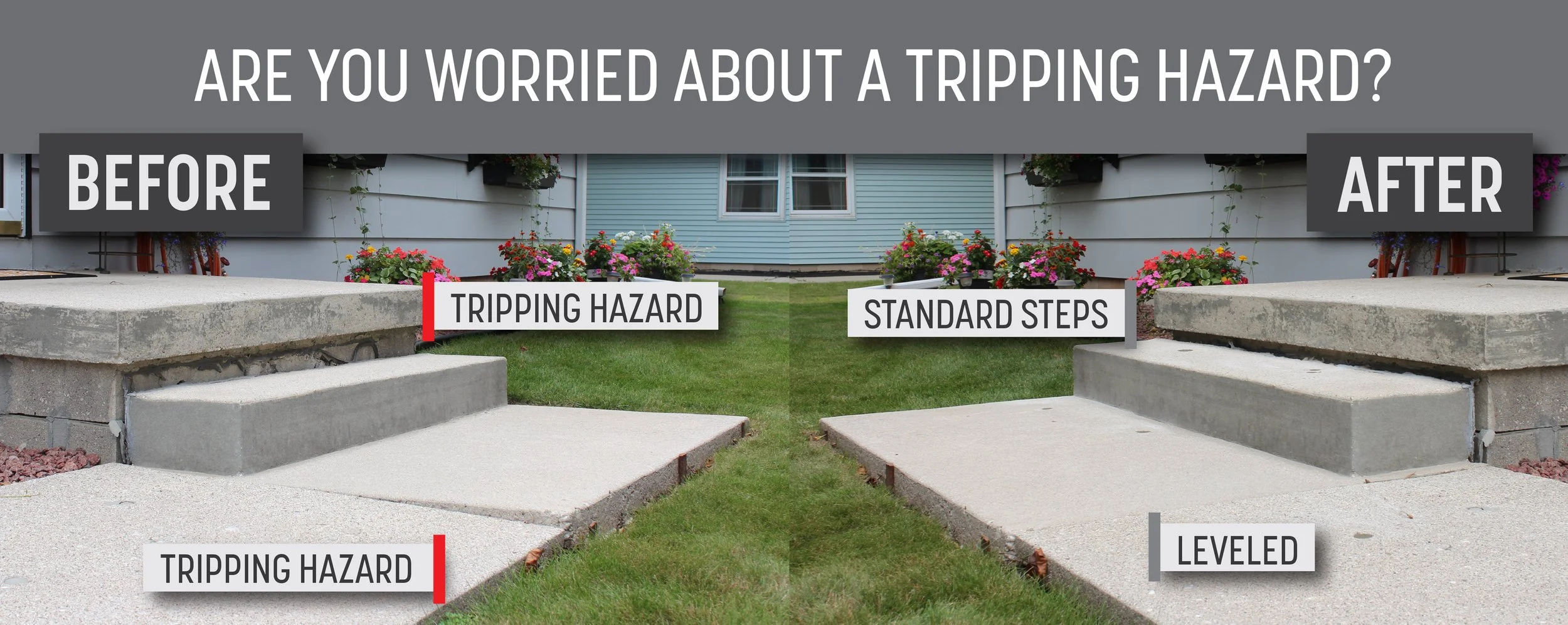 Comparison of a sidewalk with and without standard steps, showing the before and after of replacing a tripping hazard with leveled steps for safety.