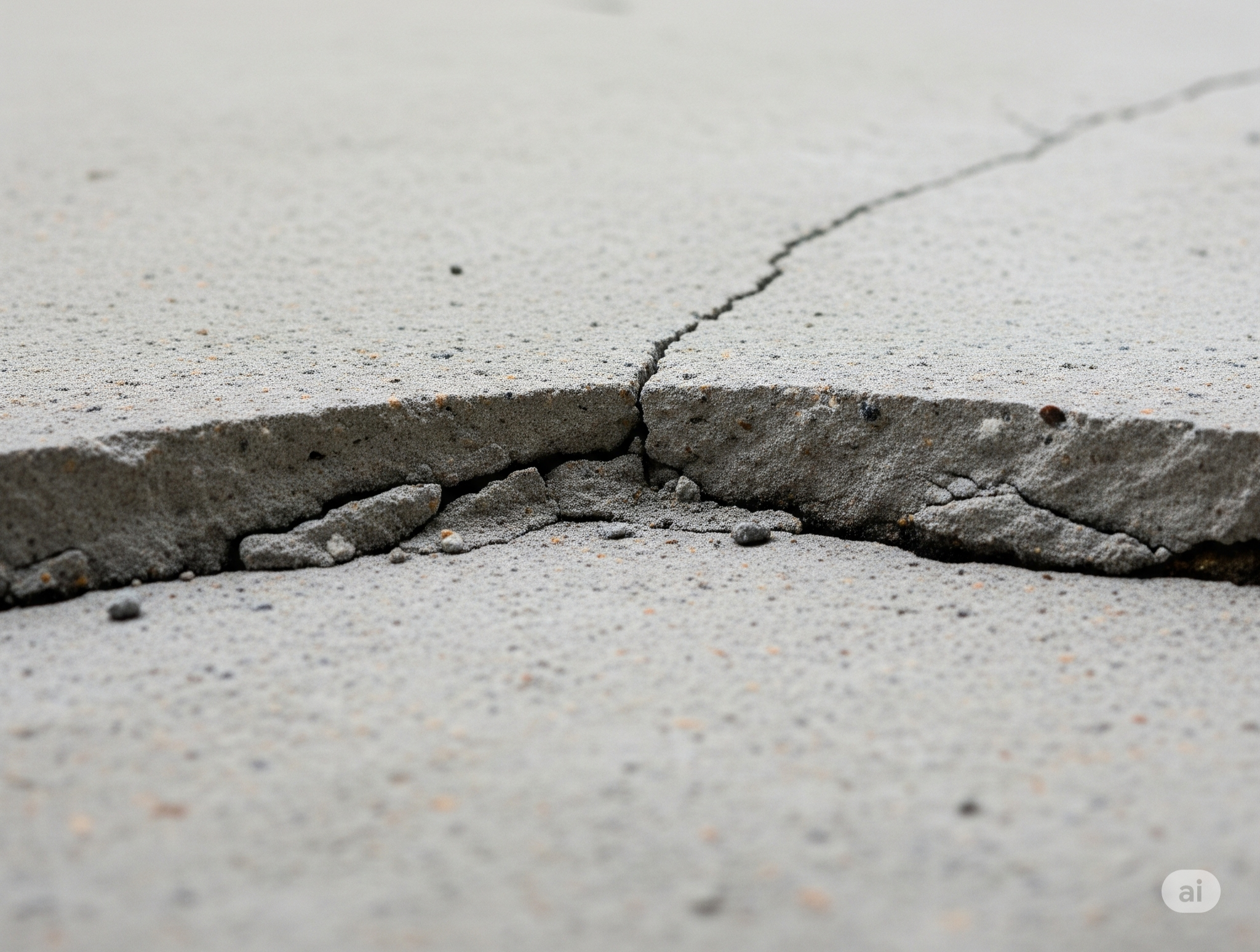 Close-up view of cracked concrete pavement with visible dirt and small debris.