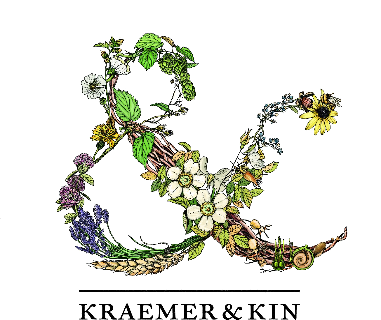 Illustration of the initials 'K & K' made of various flowers and plants, including wheat, lavender, and roses, with the text 'KRAEMER & KIN' beneath.