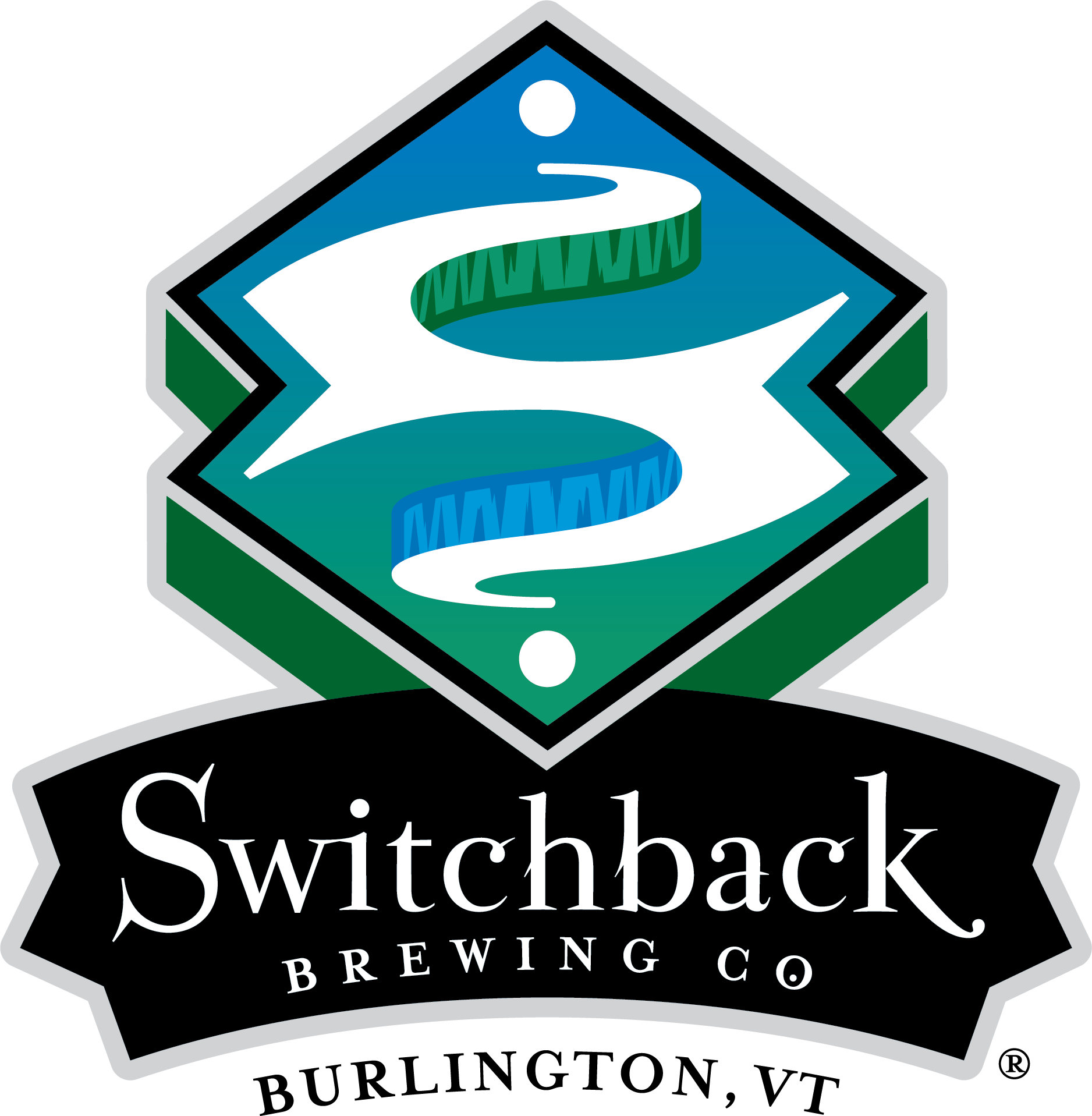 Logo of Switchback Brewing Co., featuring a stylized snake winding through a diamond shape, with the words 'Switchback Brewing Co' and 'Burlington, VT'.