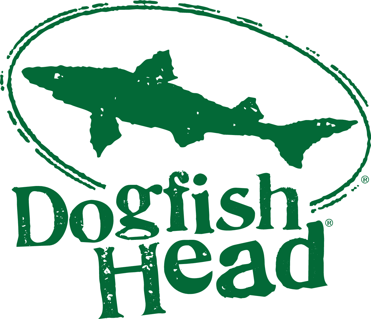 Green logo with a silhouette of a dog fish and the words "Dogfish Head" written below.