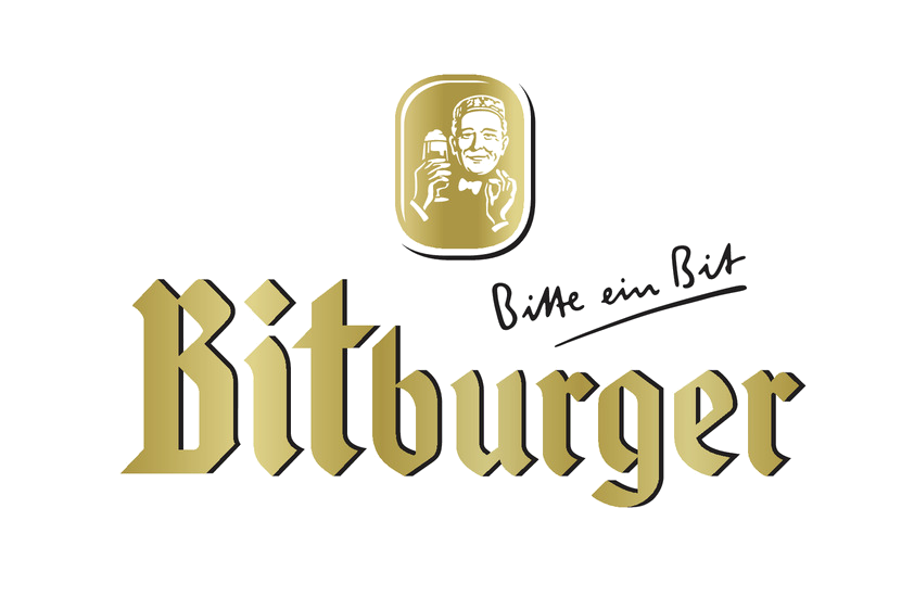 Logo with a gold-haired man's portrait holding a beer glass, the word 'Bitburger' in gold Gothic font, and the handwritten phrase 'Bitte ein Bit'.