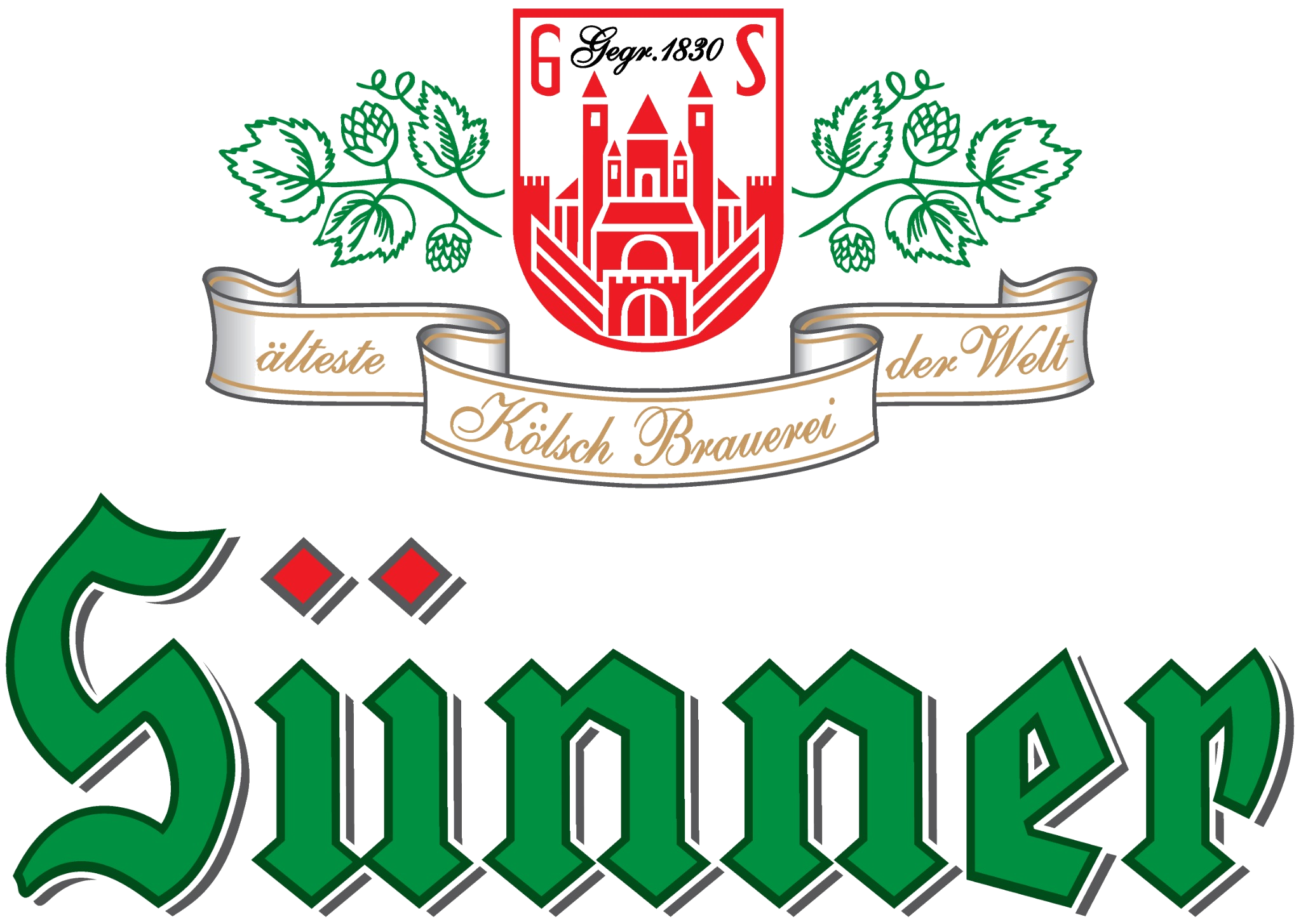 A logo featuring a red shield with a castle and the words 'GGE 1830' at the top. Above the shield are green hop plant illustrations. Below the shield is a beige ribbon with gold lettering reading 'älteste Kölsch Brauerei der Welt.' At the bottom of t