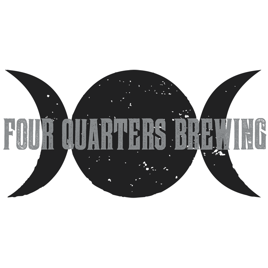 Logo for Four Quarters Brewing featuring a black cherry with the company name overlayed in gray text.