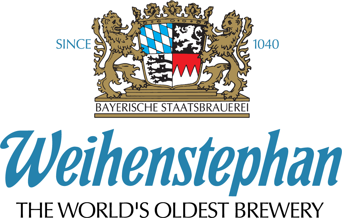 Logo of Weihenstephan brewery featuring a coat of arms with two lions, a shield with blue and white diamonds, black and white sections, and red at the bottom, with text indicating it was established in 1040 and is the world's oldest brewery.