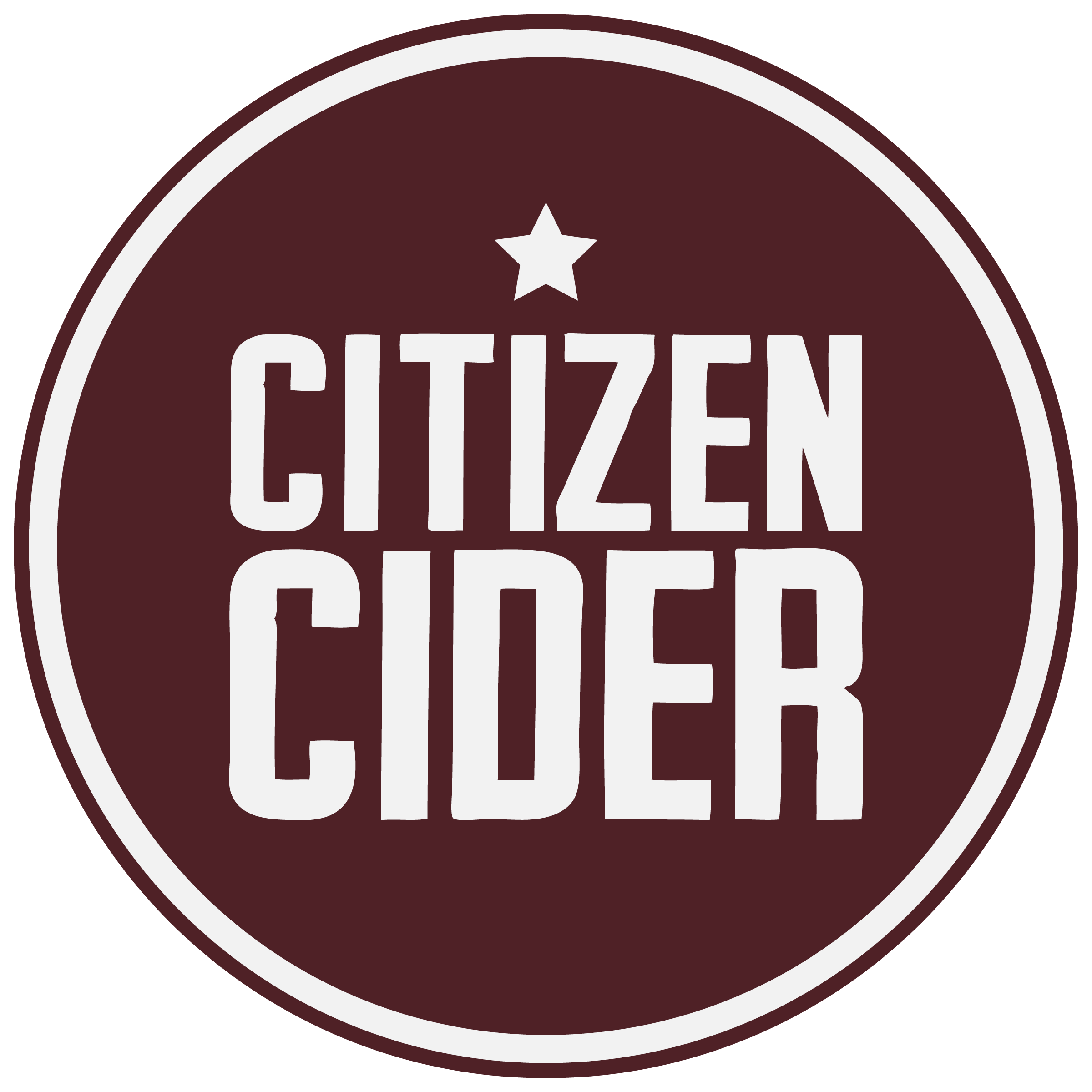 Logo with a maroon background and white text that reads 'Citizen Cider,' with a small white star above the text.