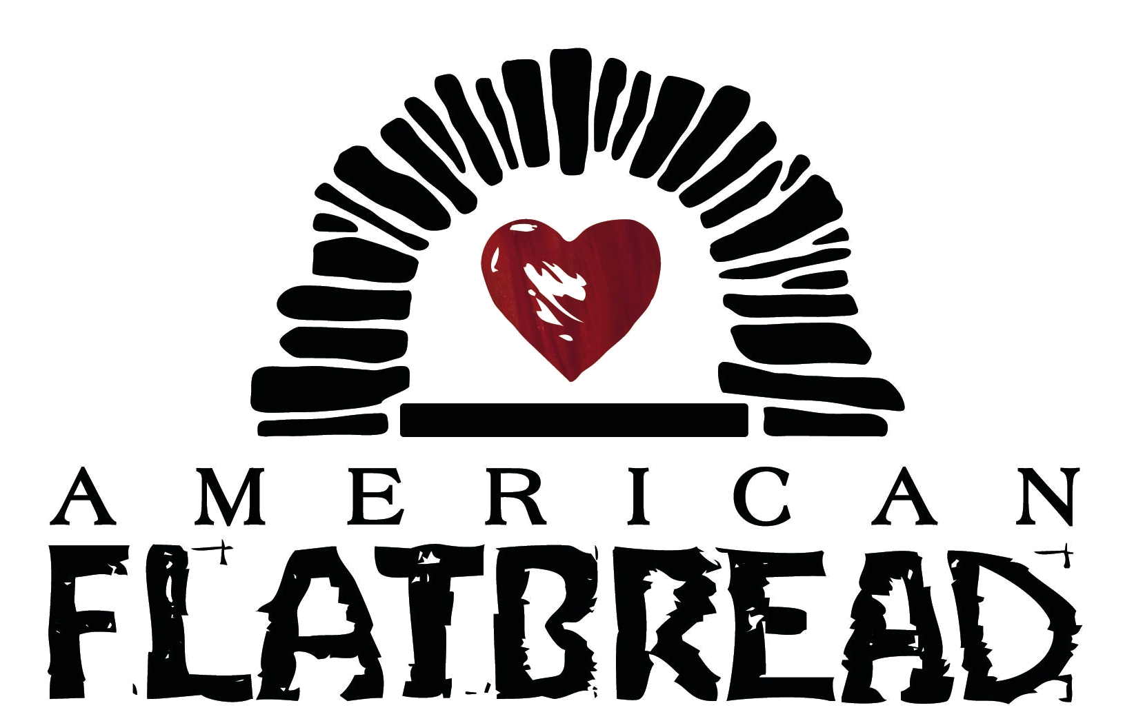 Logo of American Flatbread featuring a brick oven with a red heart in the center and text "American Flatbread" beneath, with a rustic font.