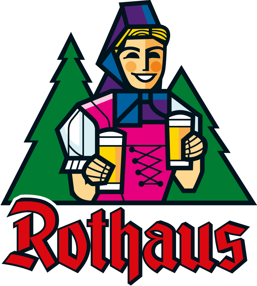 Cartoon illustration of a smiling woman wearing traditional Bavarian dress holding two beer mugs, with green pine trees in the background, and the word "Rothaus" written in red at the bottom.
