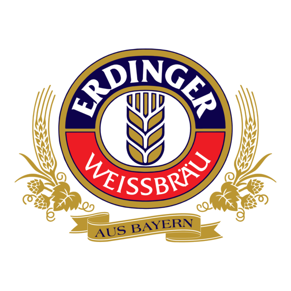 Logo of Erdinger Weissbräu, a Bavarian beer company, featuring a wheat stalk, decorative wheat illustrations, and the text 'AUS BAYERN'.