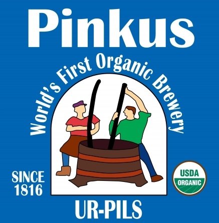 Pinkus UR-Pils beer label featuring a cartoon of two children stirring a large barrel, with text indicating it's the world's first organic brewery and a USDA Organic seal.