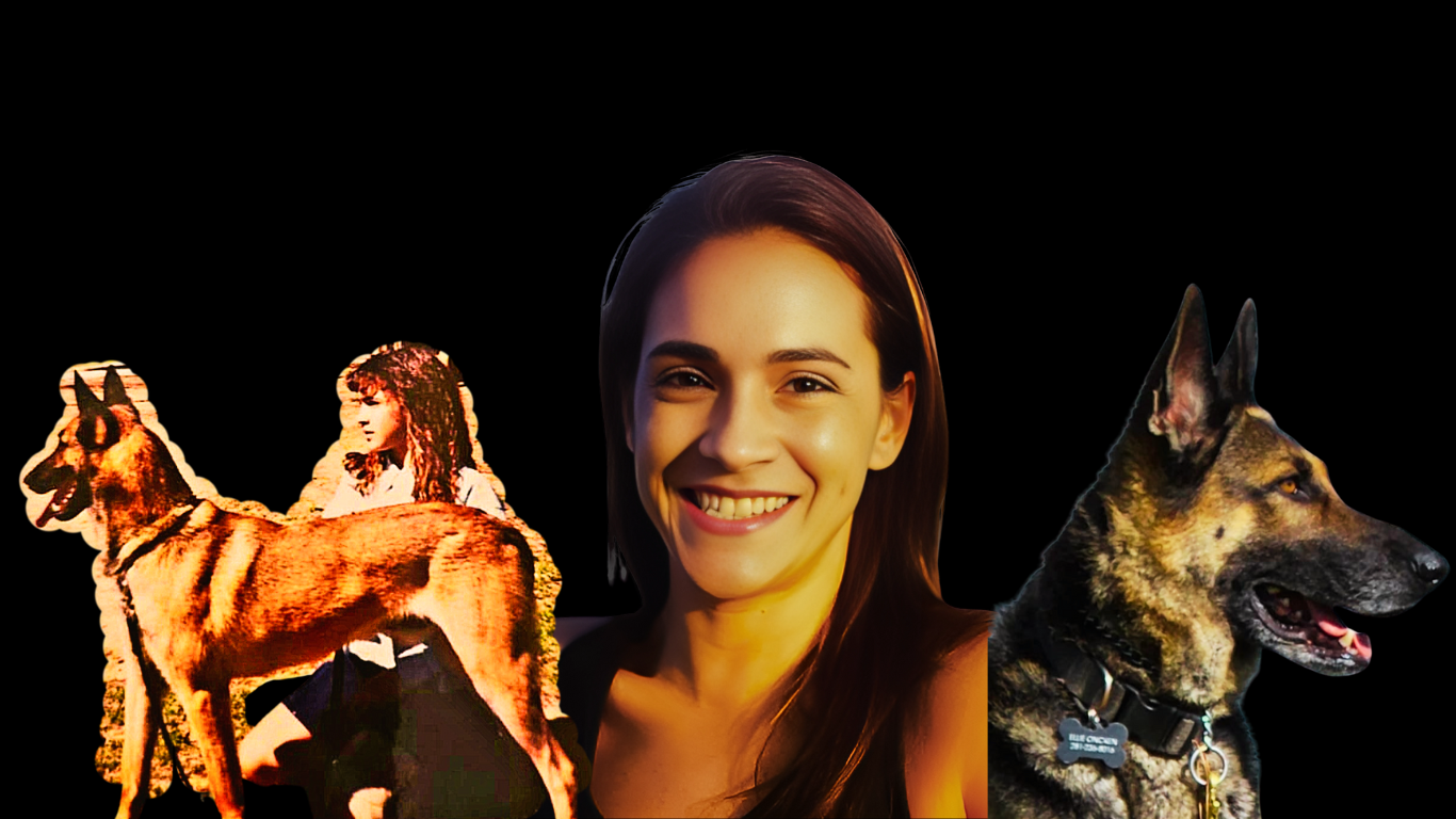 Three‑panel hero image showing the lineage of Nicely dog training: on the left, Jessica at 14 training her first K9; in the center, Jessica today; and on the right, her father, Steven D. Nicely, whose mentorship inspired Legacy Nicely Trained Dog.