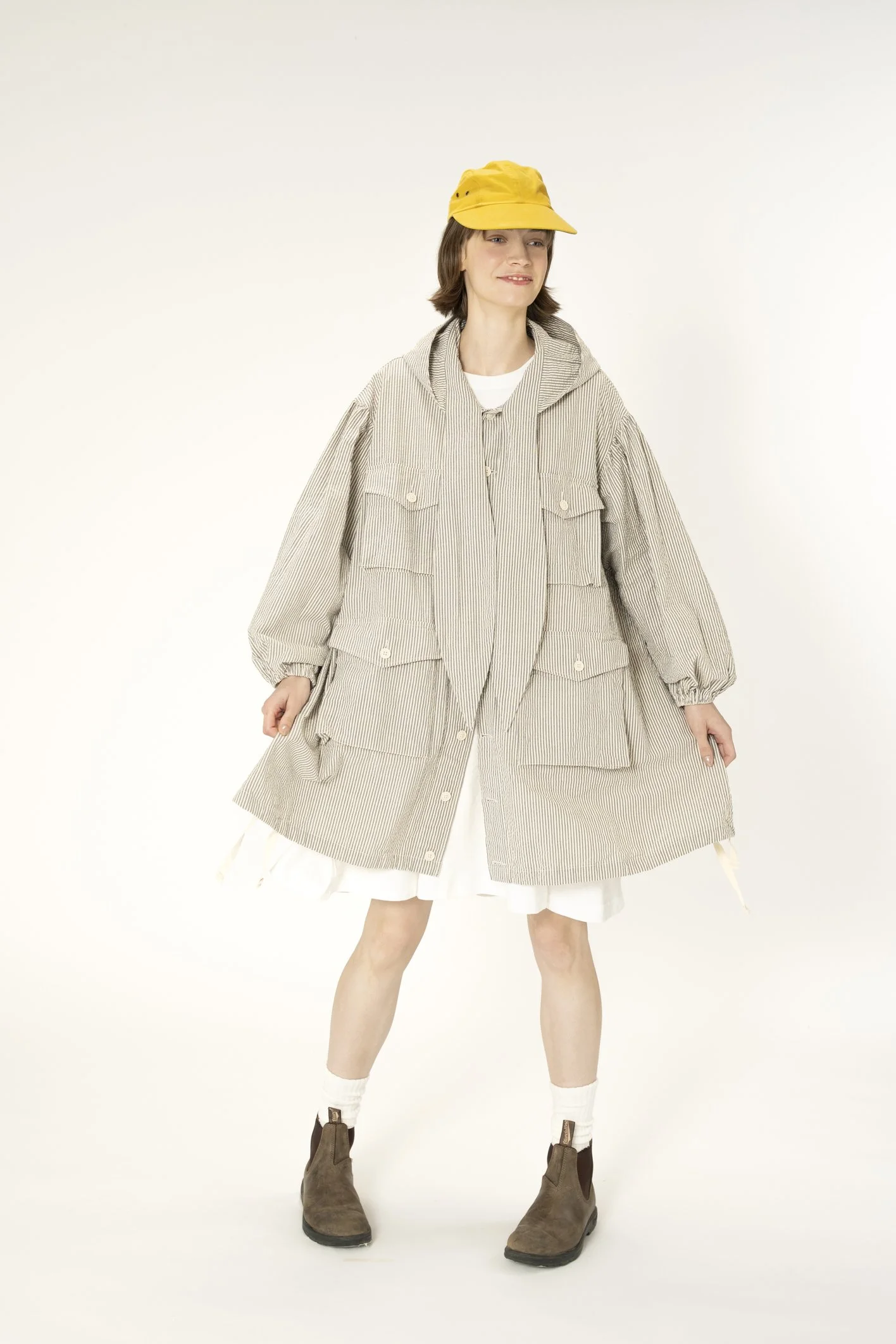  Hooded Field Dress  Navy / Natural Cotton Seersucker