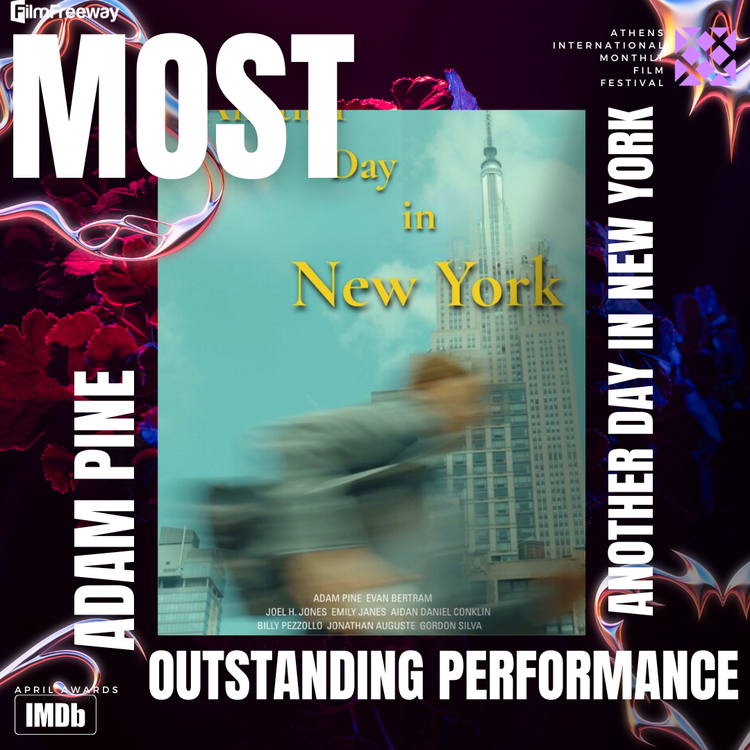 A promotional poster for the Athens International Film Festival featuring the documentary 'A Mother Day in New York.' The poster shows a blurred person running past the Empire State Building with a vibrant, colorful background and neon-like decorative elements. The text highlights the film's recognition as an outstanding performance and the most notable day in New York, with authors and film festival details included.
