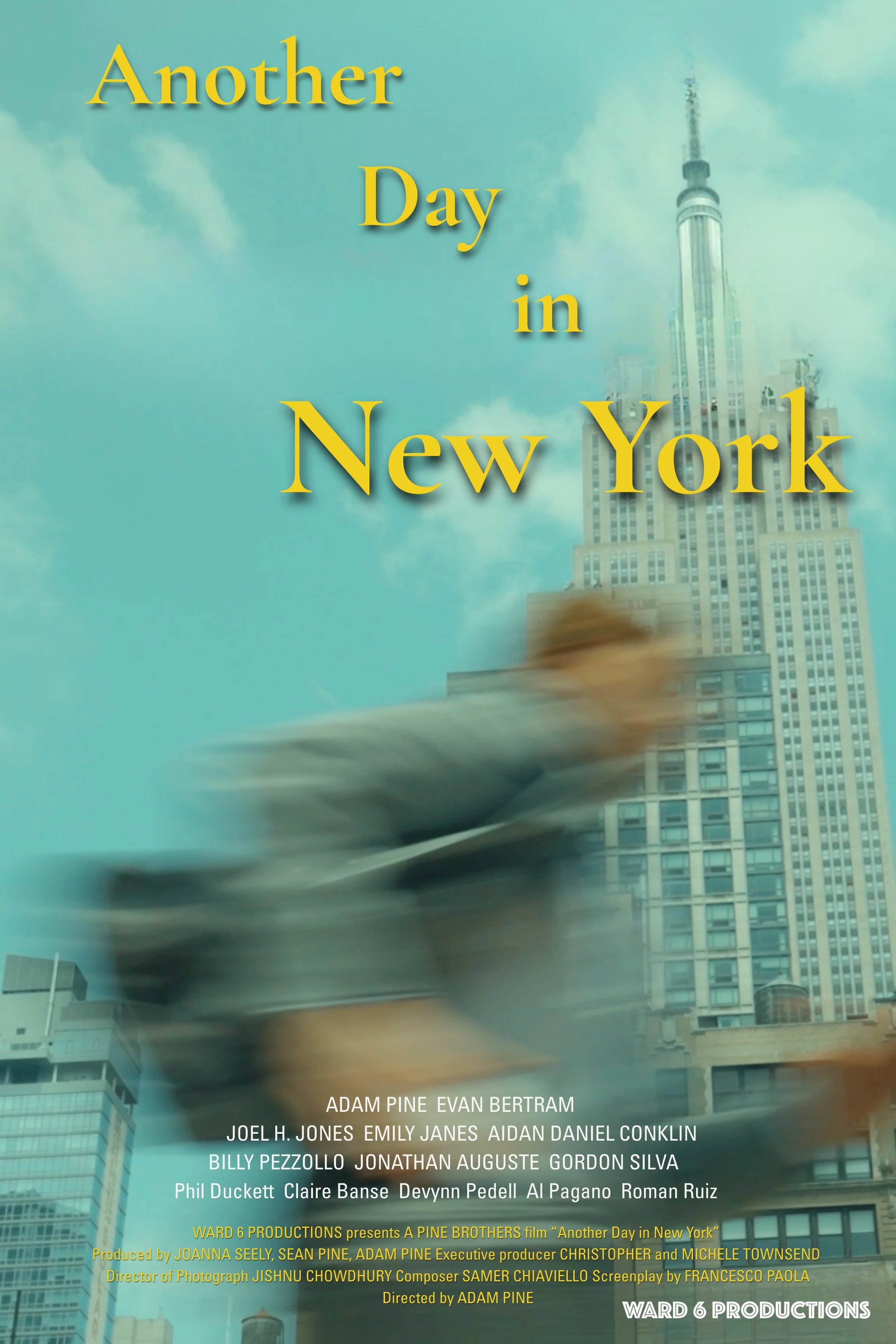 Cover image of a film titled 'Another Day in New York' with tall buildings in the background and yellow title text overlaid.