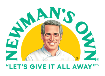 Newman's Own logo with illustration of a man in a chef's coat, text: "LET'S GIVE IT ALL AWAY"