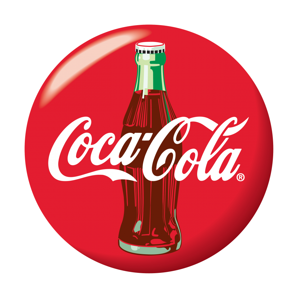 Coca-Cola logo with vintage glass bottle on red background.