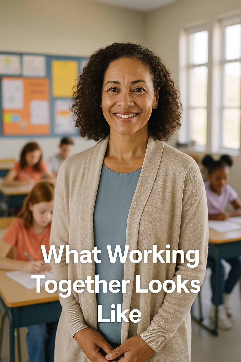 A smiling teacher standing in a classroom with students working at desks in the background, with sunlight coming through large windows.