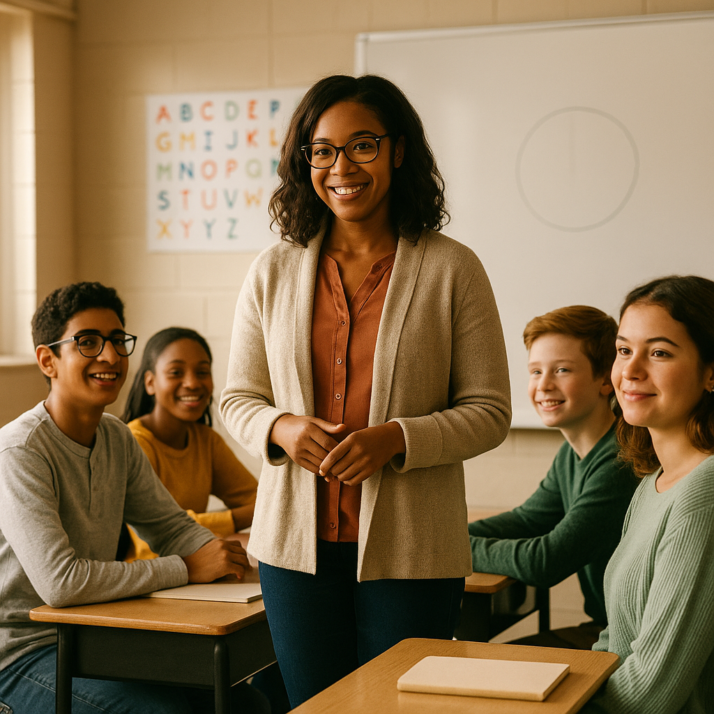 A teacher standing in front of a classroom with students sitting at desks, smiling and looking at her. A poster with the alphabet is on the wall behind them.