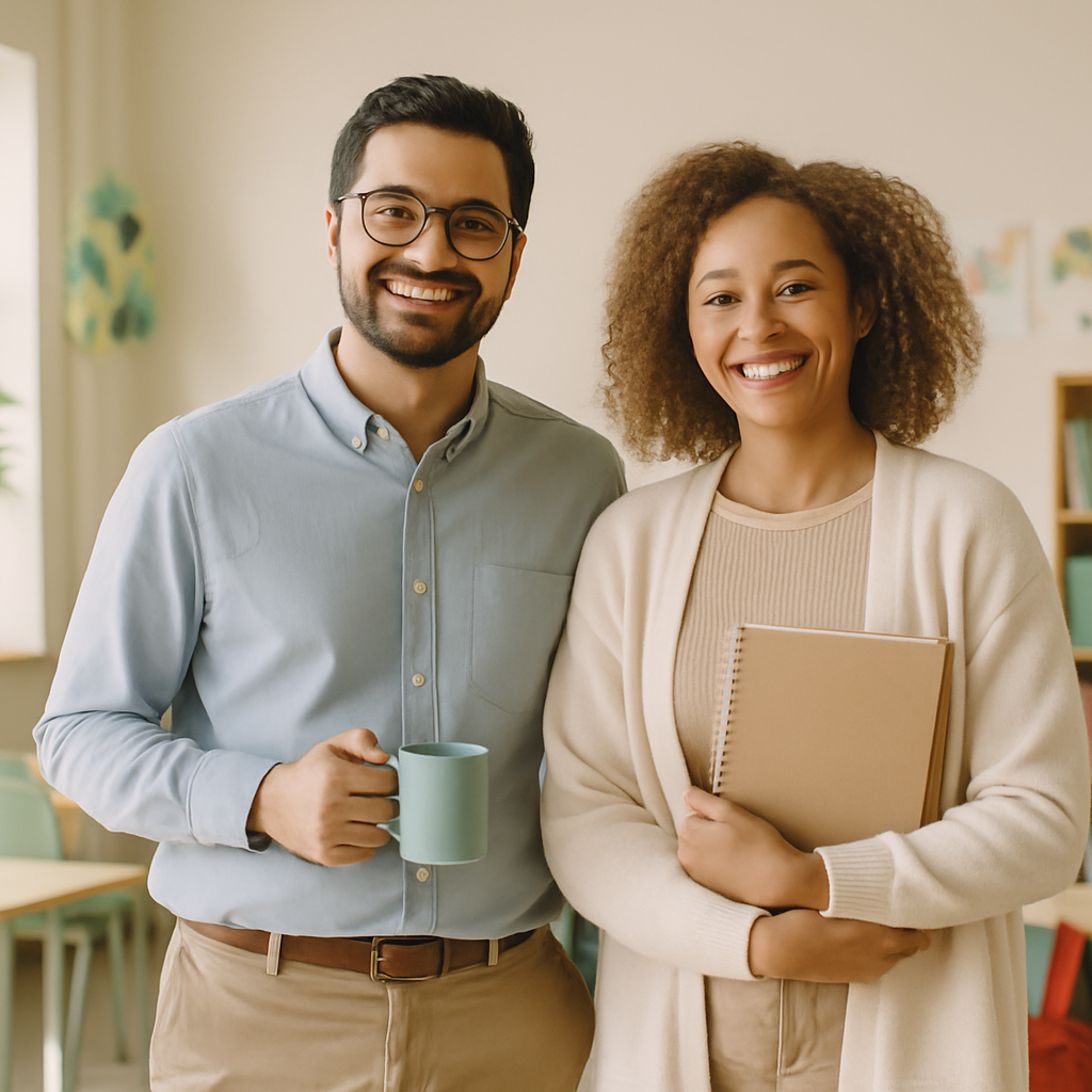 A man and a woman smiling inside a bright room, with the man holding a coffee mug and the woman holding a notebook.