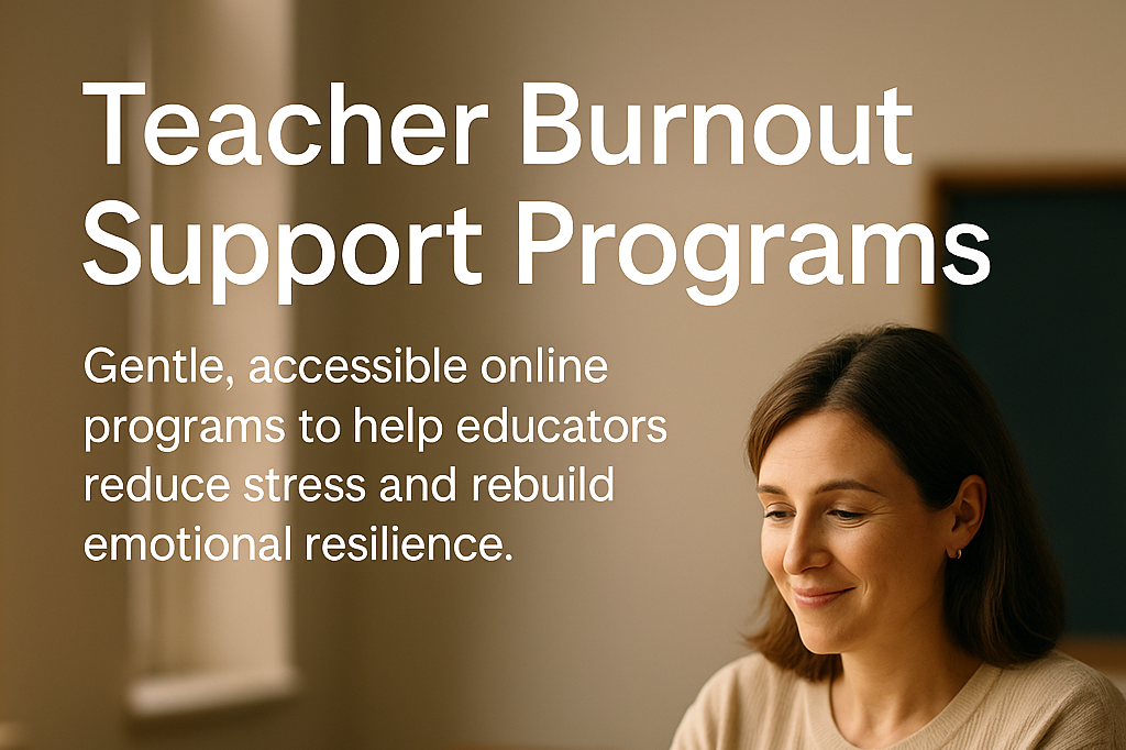 woman sits in classroom looking hopeful with a mug in her hands on a table she is sitting at. 