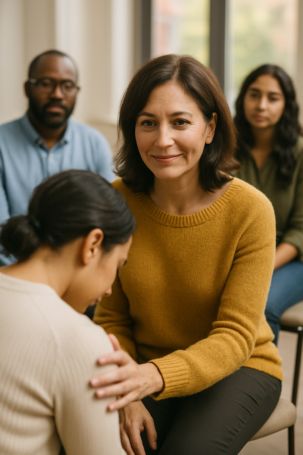 A woman in a mustard sweater is comforting another woman with her head bowed. Three other people are sitting behind them, watching in a room near a window.